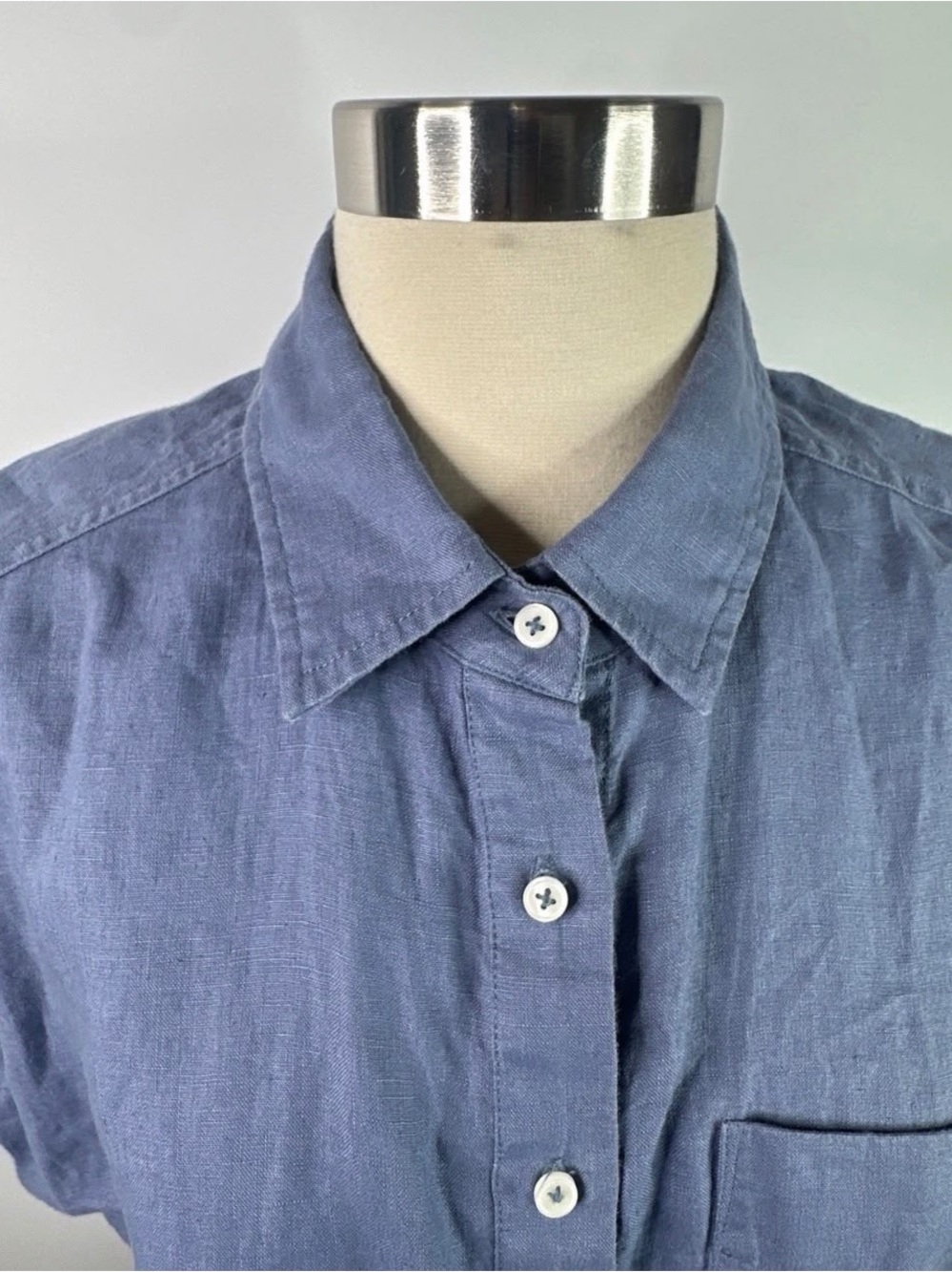 Quince Denim Collared Short Sleeve Button Down Shirt Top - Picture 4 of 10